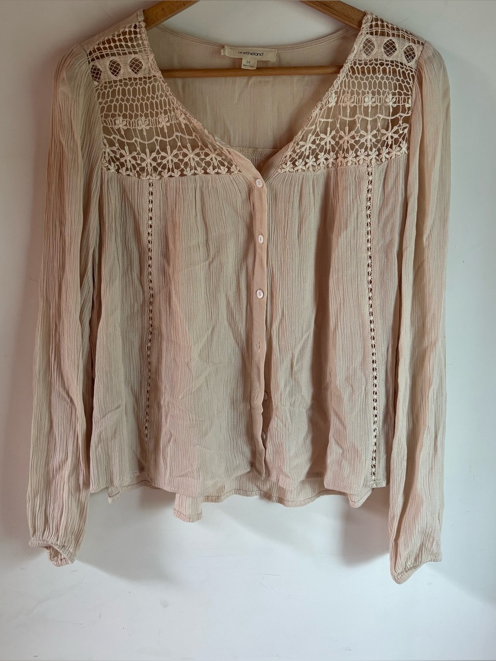 Onetheland Crochet Yoke Button-Front Boho Blouse